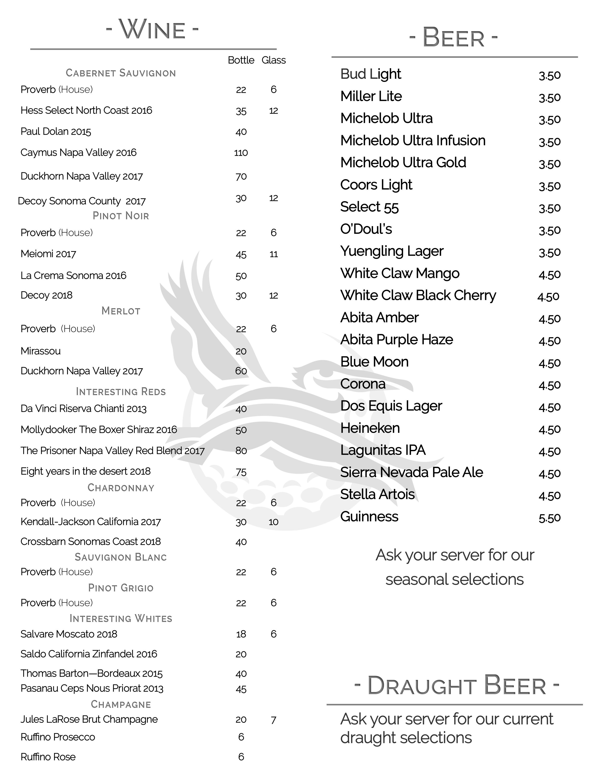 beer and wine menu